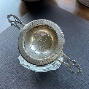 Vintage Sterling Silver Tea Strainer with cut glass Nest